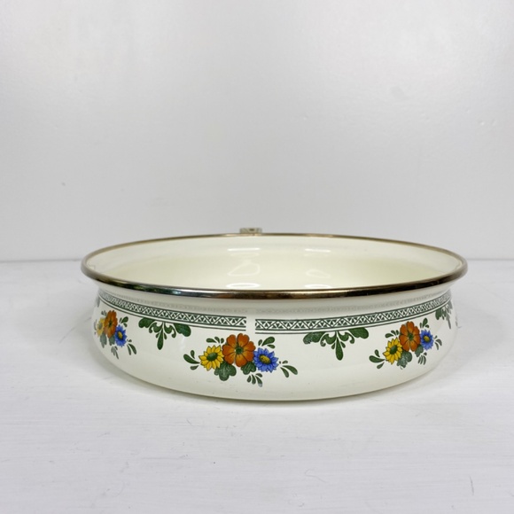 Vintage Enamelware Floral Frying Pan Brass Handle 10" - Picture 7 of 16